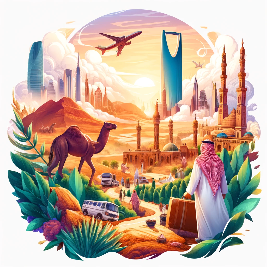 An illustrative composition showcasing Saudi Arabia's enchantment and tradition, featuring desert landscapes, ancient ruins, modern cityscapes, camels, traditional attire, and Islamic architectural motifs. This image serves to visually introduce and captivate the audience for a blog post about exploring the diverse and rich cultural heritage of Saudi Arabia.